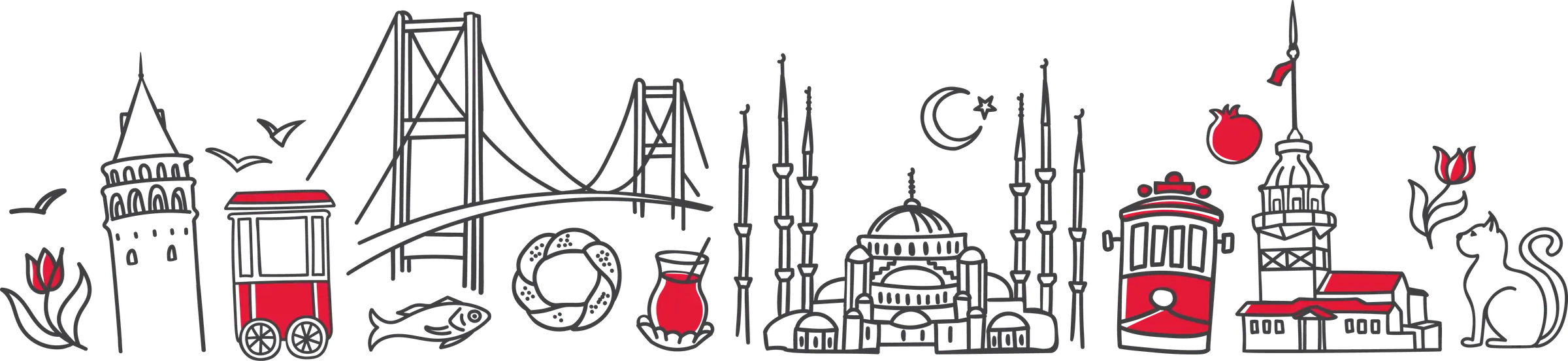 Ilustración de Estambul con la Torre Gálata, el tranvía, el puente del Bósforo, Santa Sofía y la Torre de la Doncella
